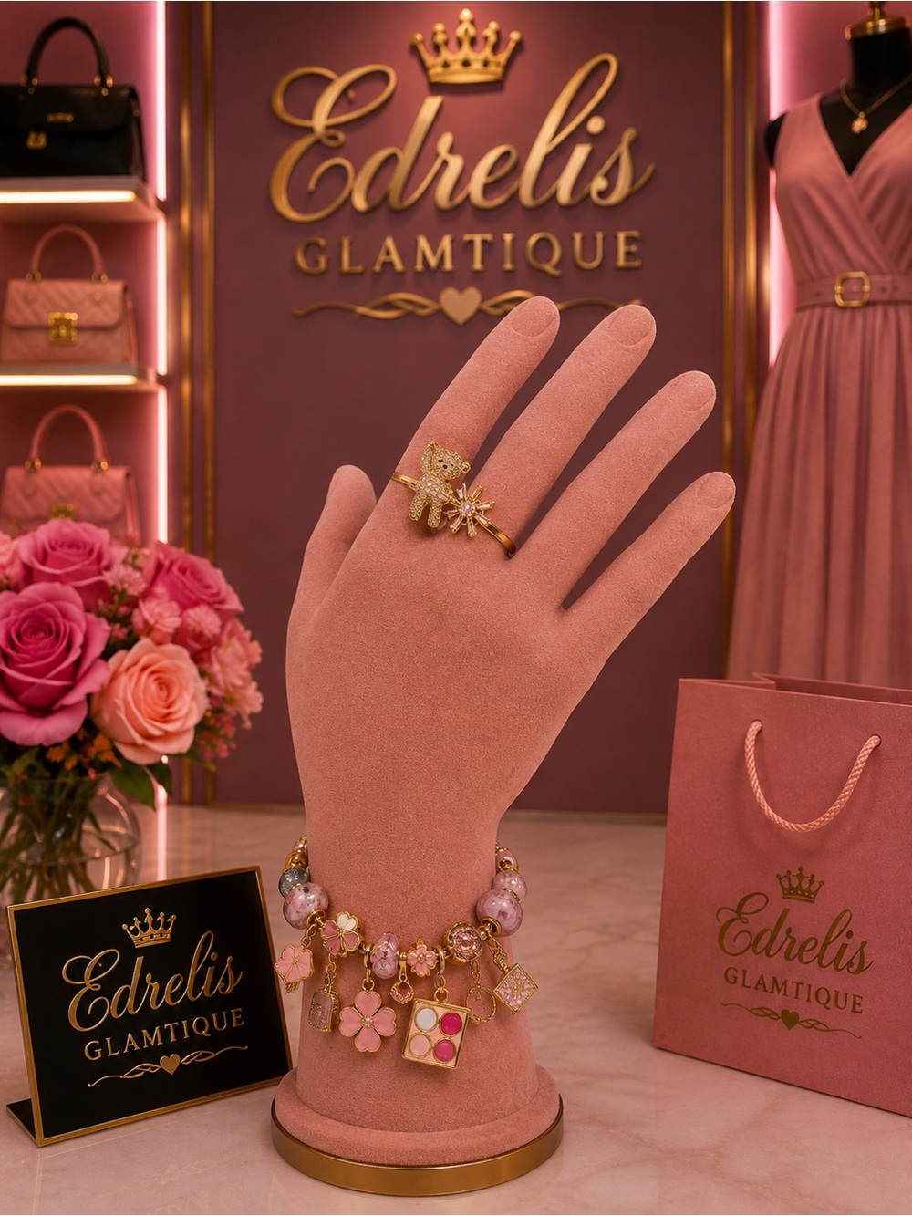Pink Floral Charm Bracelet and Gold Adjustable Ring Set